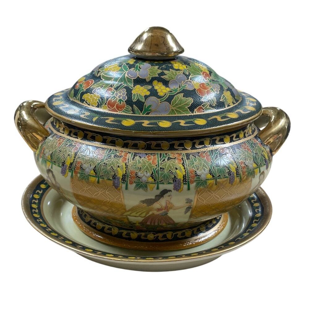 Satsuma Large Hand Painted Lidded Tureen with Tray 3-piece Soup Tureen Fruit